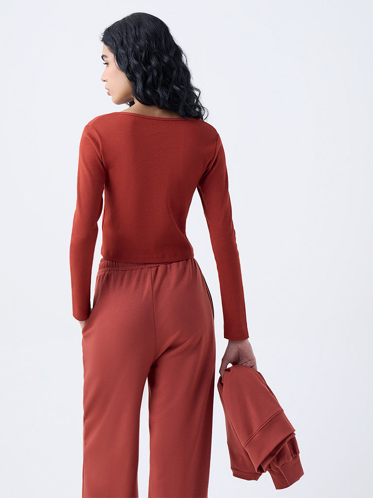 Studiofit Rust Ribbed Cotton-Blend Top