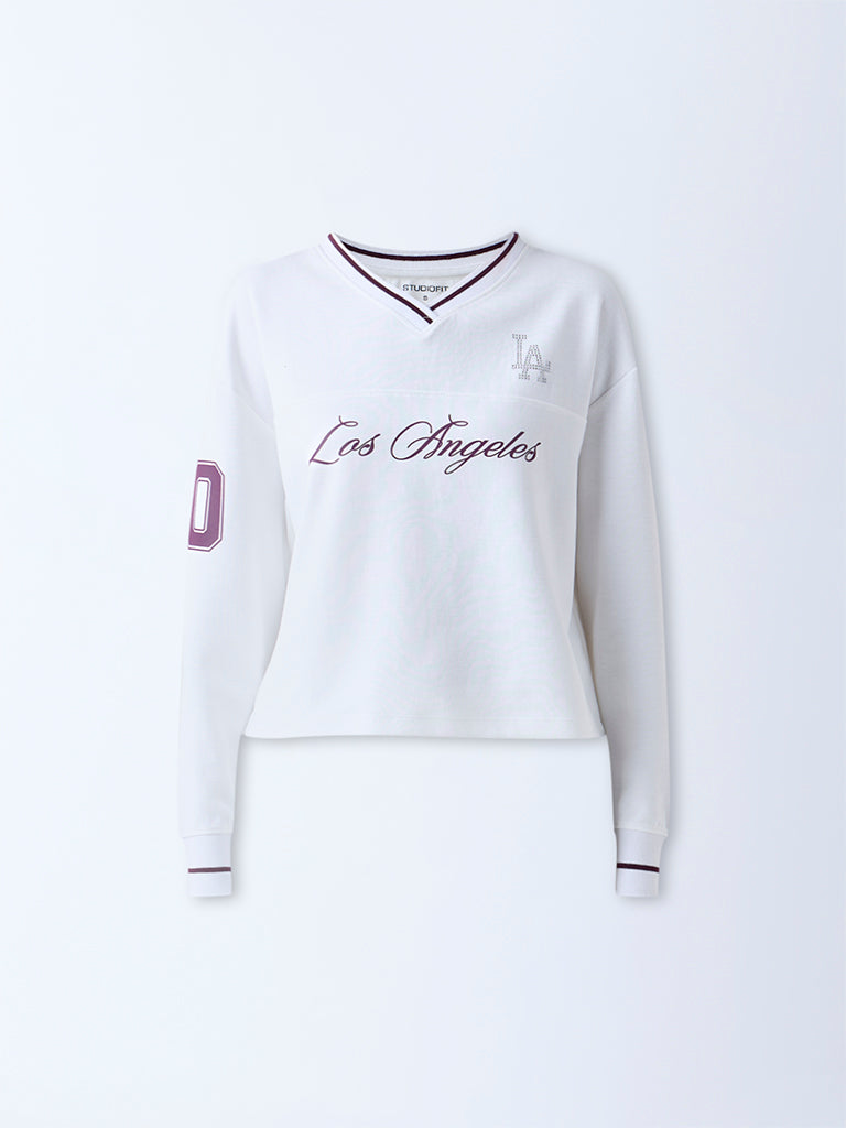 Studiofit White Text Design Cotton-Blend T-Shirt