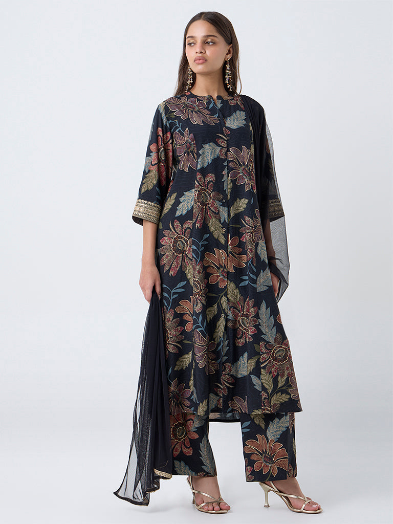Vark Black Floral Pattern A-Line Ethnic Set