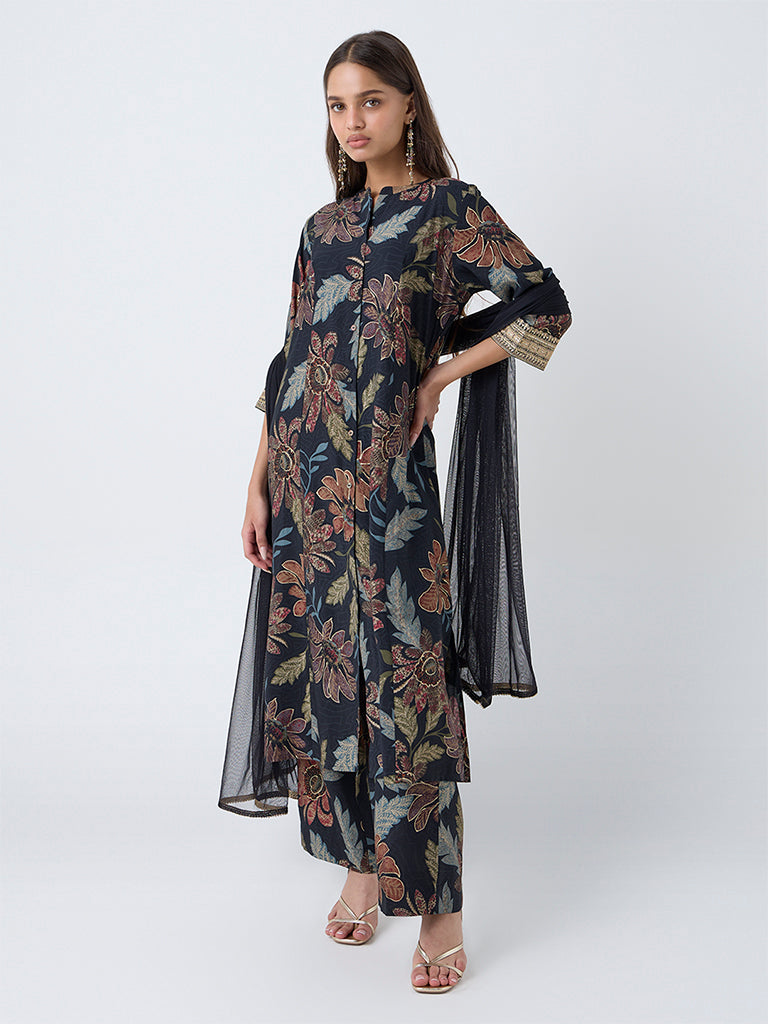 Vark Black Floral Pattern A-Line Ethnic Set