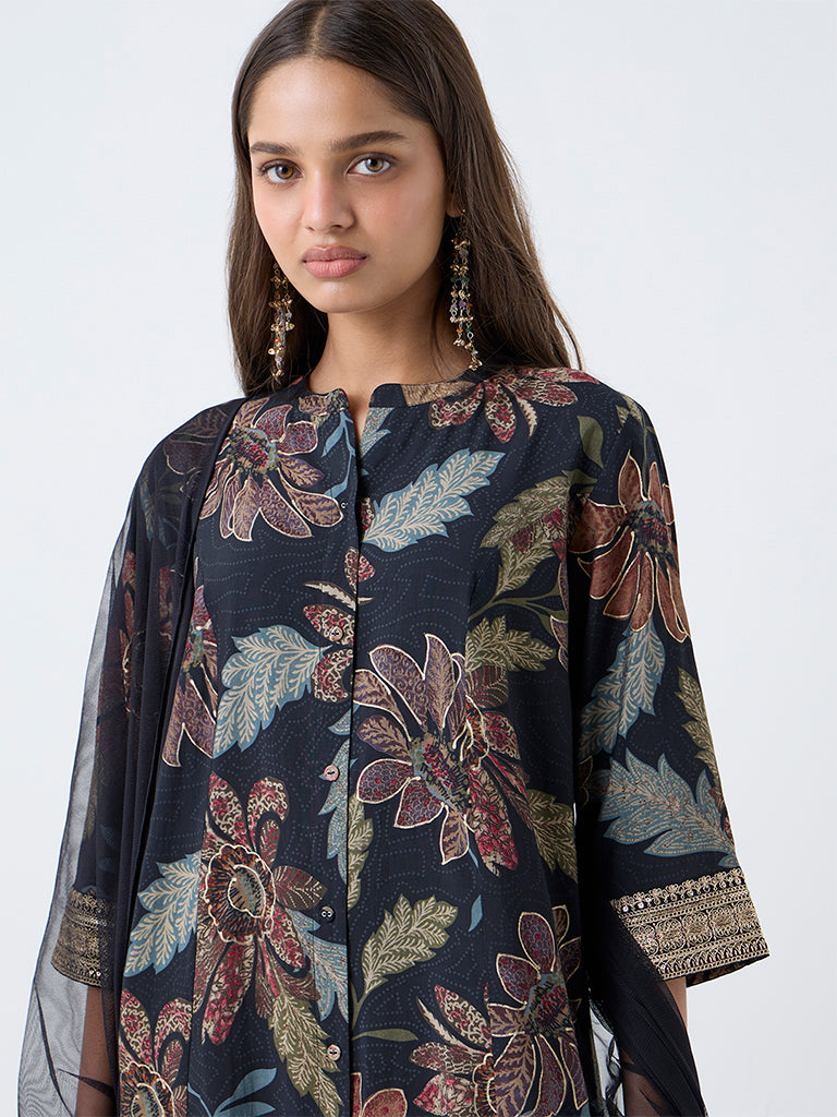 Vark Black Floral Pattern A-Line Ethnic Set