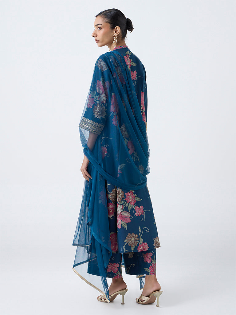 Vark Blue Floral Pattern A-Line Ethnic Set