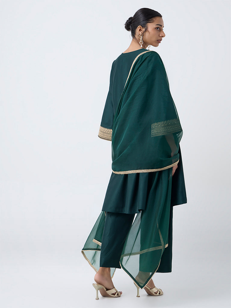 Vark Dark Green Garwal Embroidered A-Line Ethnic Set