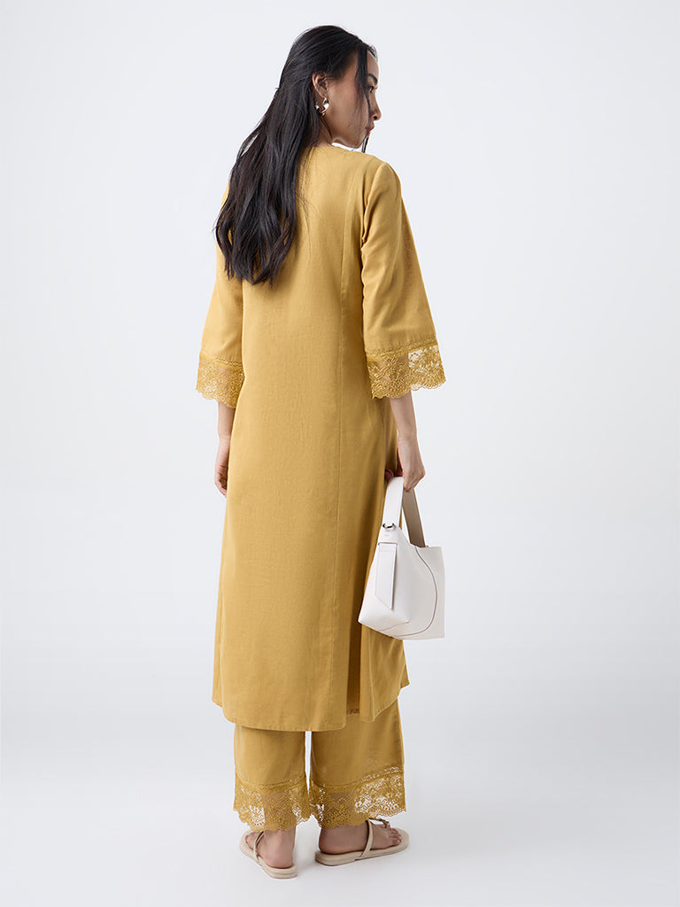 Utsa Mustard Lace-Detailed A-Line Cotton-Blend Kurta