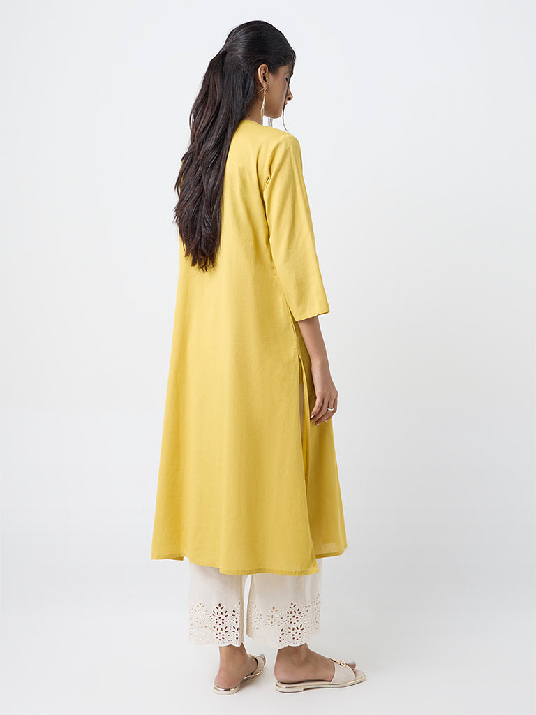 Utsa Yellow Paisley Embroidered Cotton-Blend A-Line Kurta