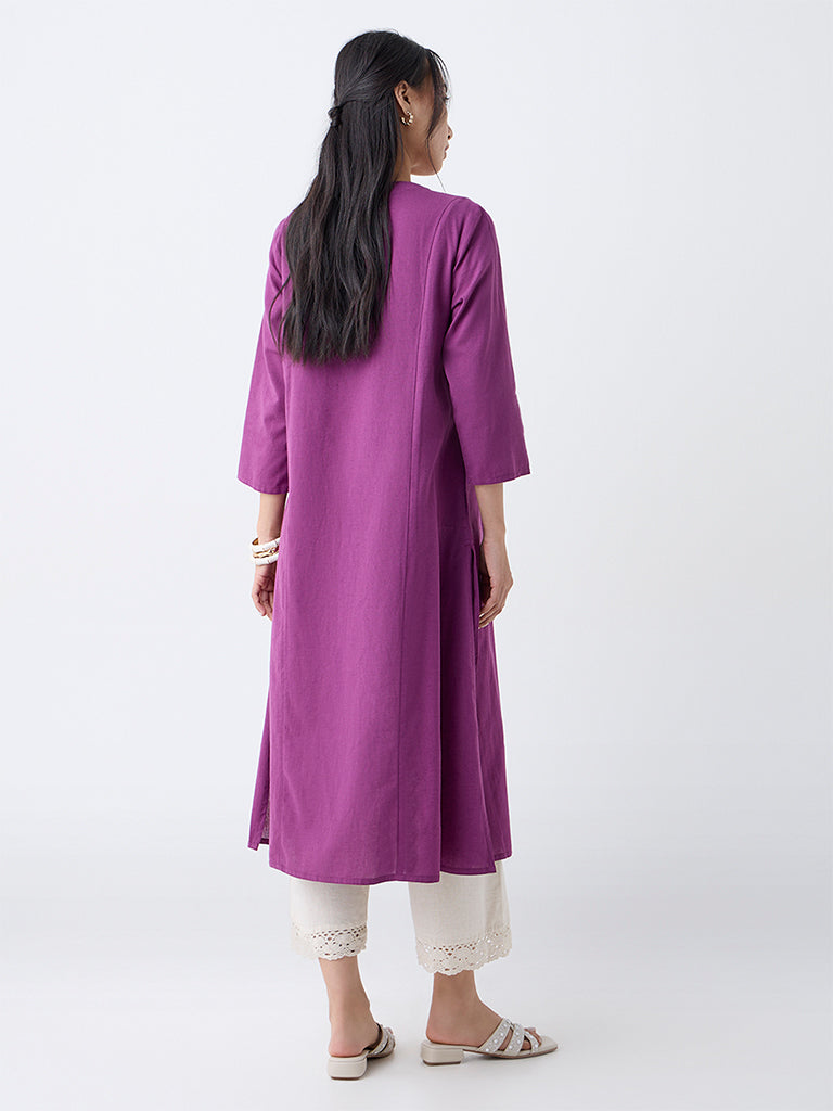 Utsa Plum Floral Embroidered Cotton-Blend A-Line Kurta