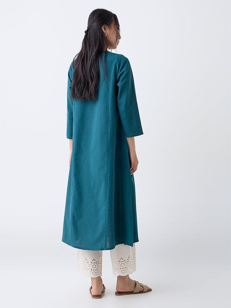 Utsa Teal Paisley Embroidered Cotton-Blend A-Line Kurta