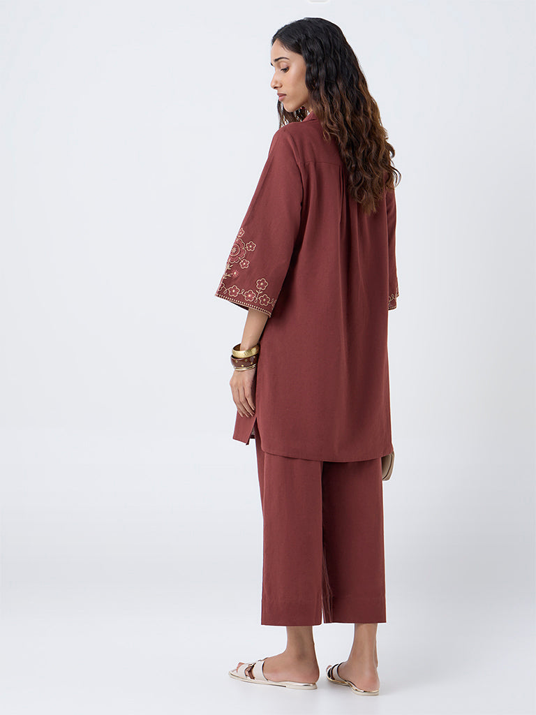 Utsa Rust Floral Embroidered Cotton-Blend A-Line Kurta