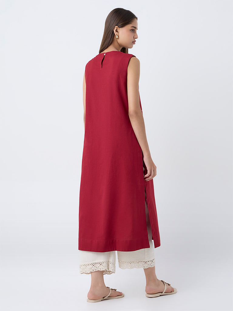 Utsa Red Embroidered Cotton-Blend Straight Kurta