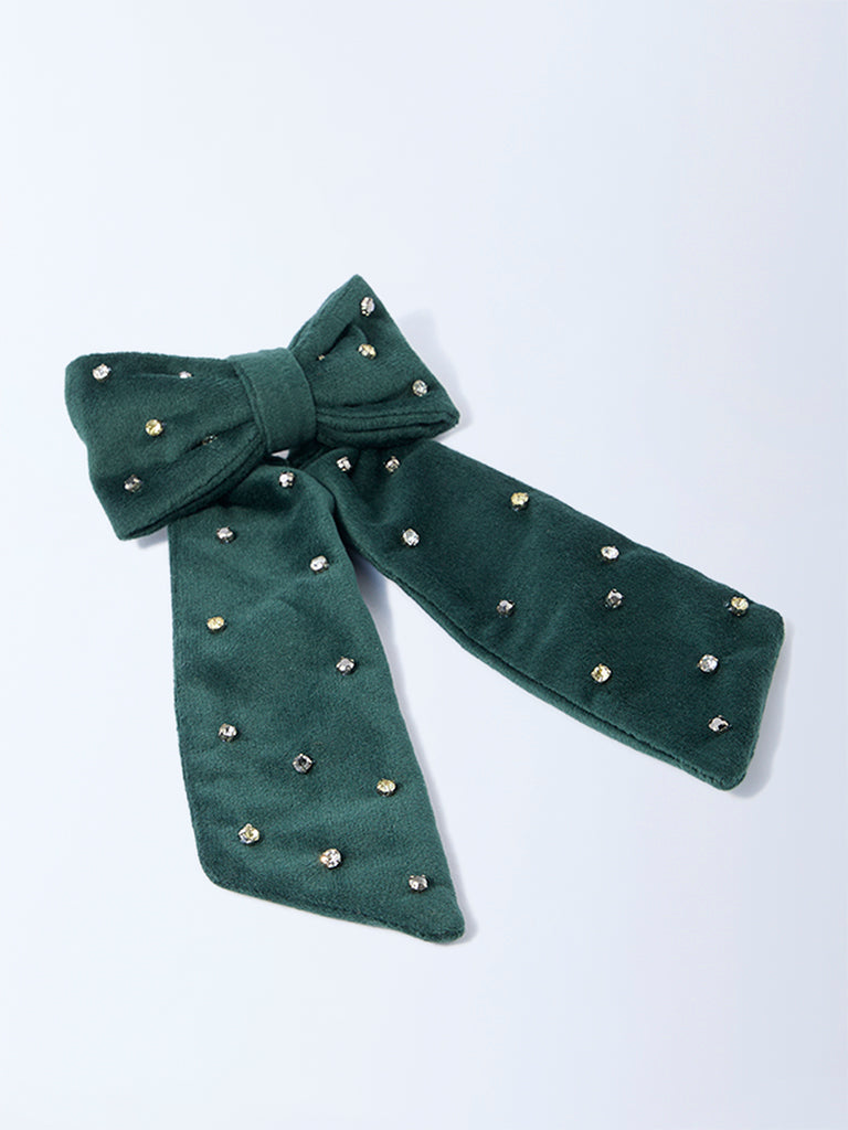 Westside Accessories Emerald Green Diamante Velvet Bow Clip