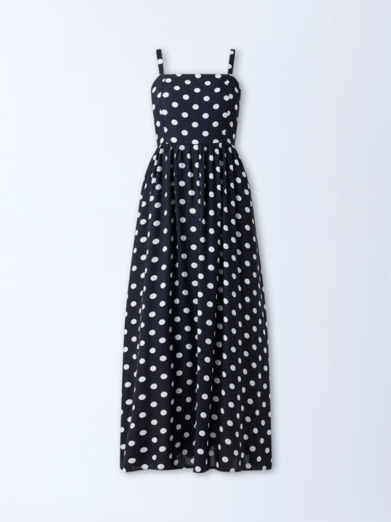 LOV Black Polka Dotted Cotton A-Line Dress