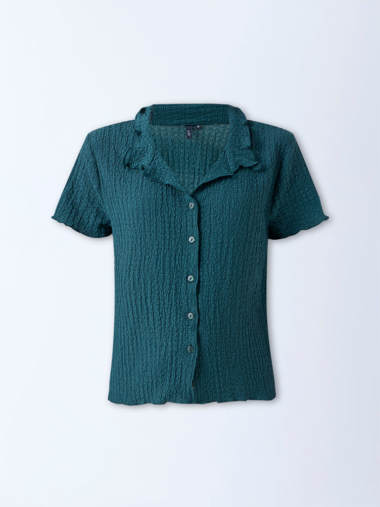 LOV Teal Crinkle-Textured Shirt