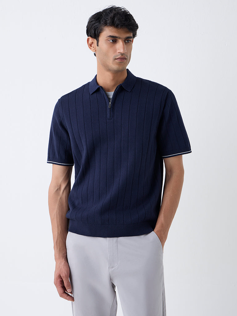 Buy Ascot Navy Relaxed-Fit Cotton-Blend Quarter-Zip Polo T-Shirt