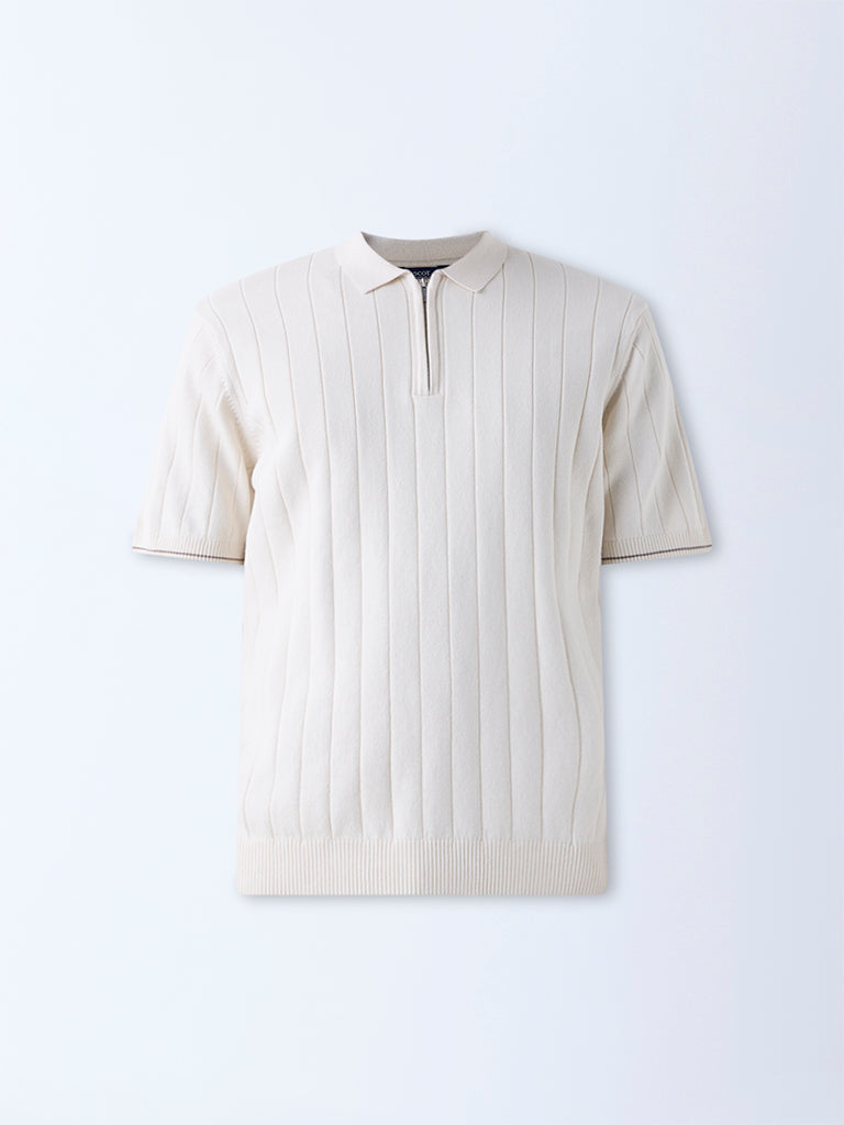 Ascot Off-White Relaxed-Fit Cotton-Blend Quarter-Zip Polo T-Shirt