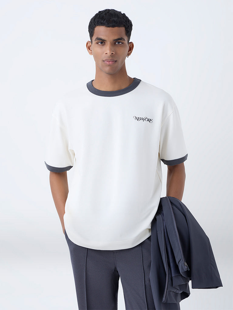 Buy Studiofit OffWhite Text Printed RelaxedFit CottonBlend TShirt
