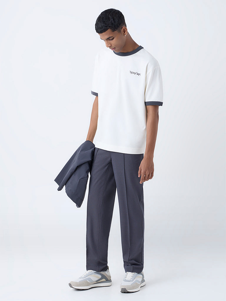 Studiofit Off-White Text Printed Relaxed-Fit Cotton-Blend T-Shirt