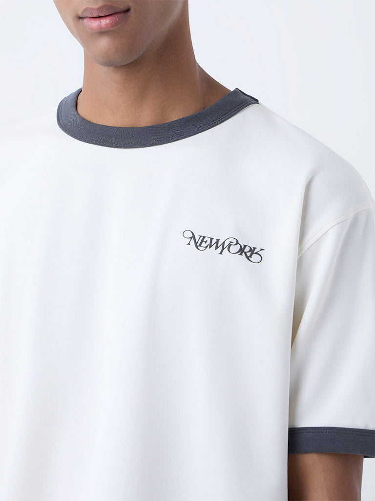Studiofit Off-White Text Printed Relaxed-Fit Cotton-Blend T-Shirt