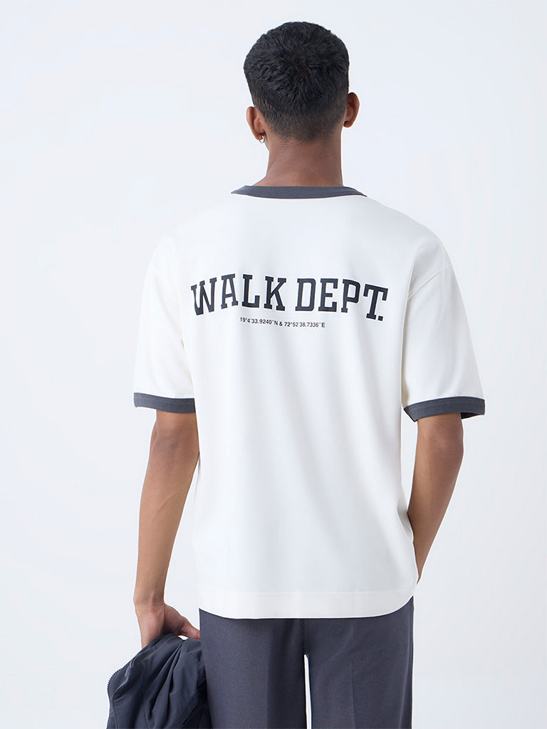 Studiofit Off-White Text Printed Relaxed-Fit Cotton-Blend T-Shirt