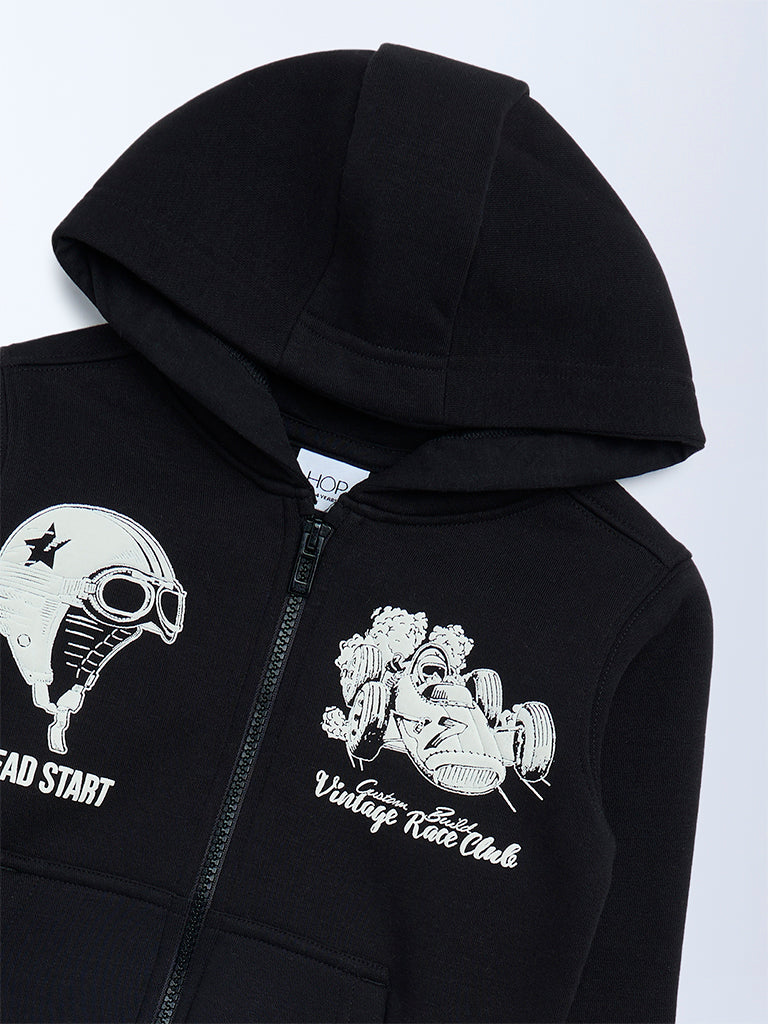 HOP Kids Boys Black Printed Cotton-Blend Hooded Jacket