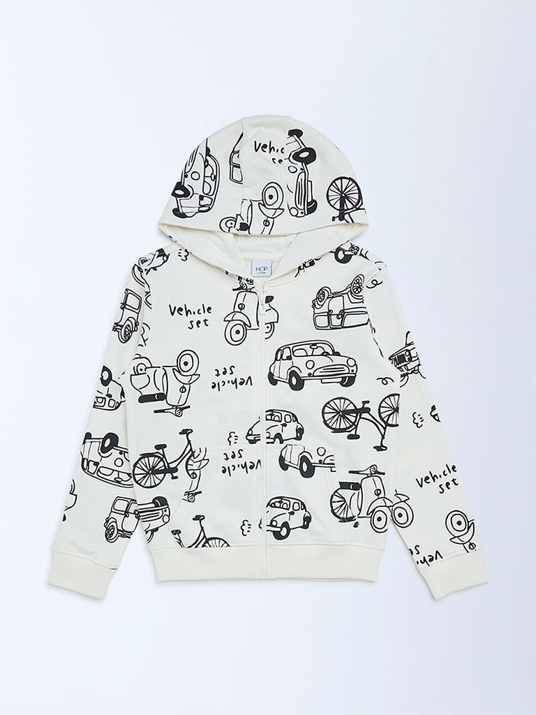 HOP Kids Boys White Printed Cotton-Blend Hooded Jacket