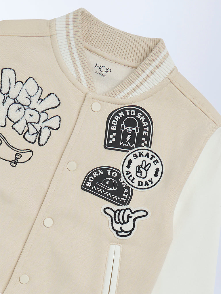 HOP Kids Boys Light Beige Printed Cotton-Blend Varsity Jacket