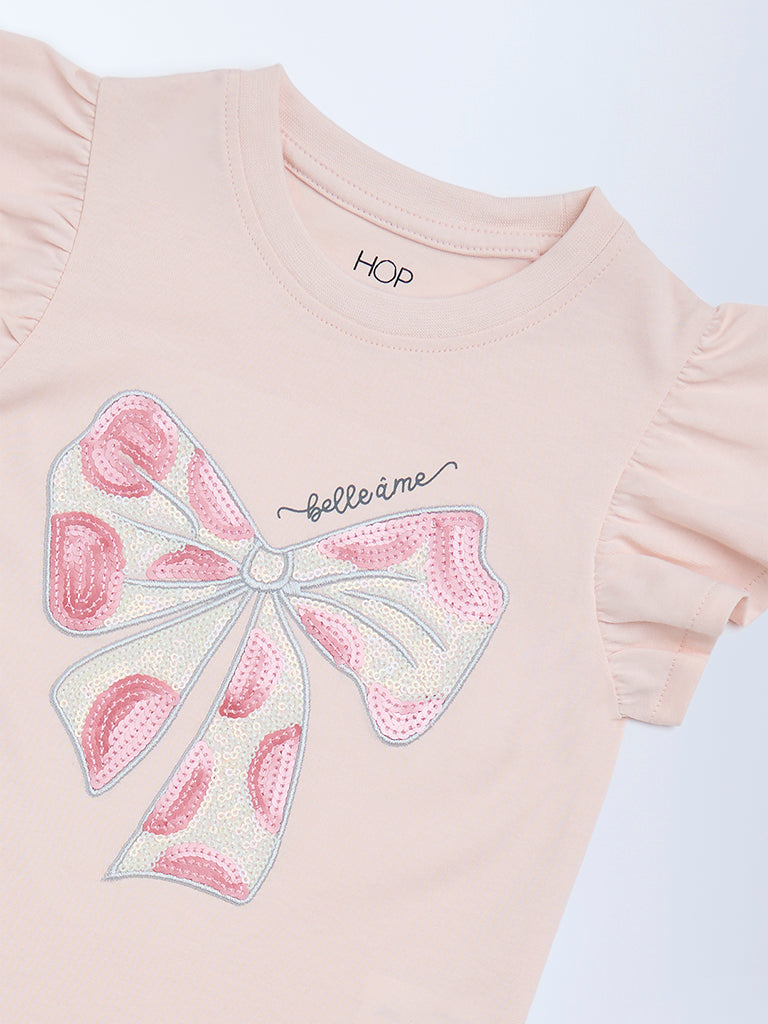 HOP Kids Girls Pink Sequin Bow Design Cotton Top