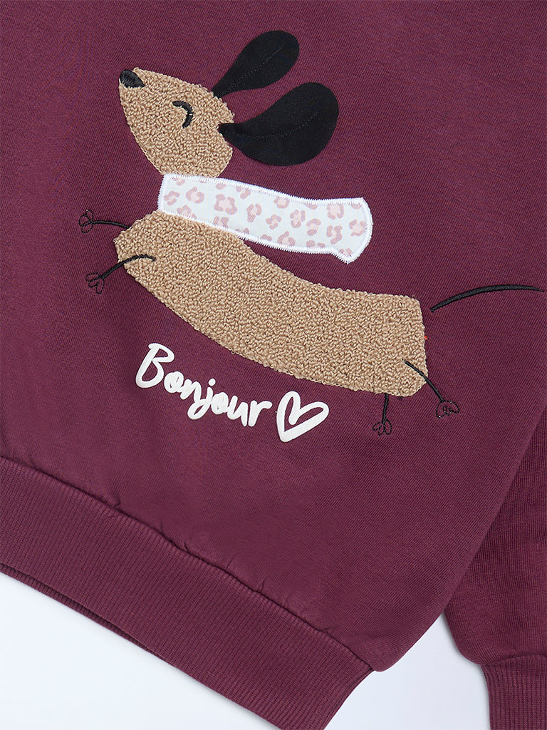 HOP Kids Girls Plum Animal Embroidered Cotton-Blend Sweatshirt
