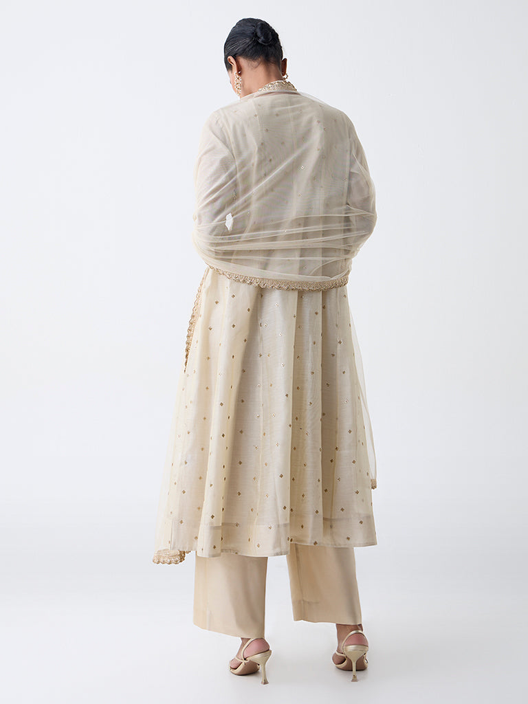 Vark Beige Floral Embroidered A-Line Ethnic Set