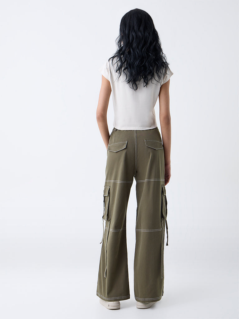 Nuon Olive High-Rise Cotton-Blend Cargo Pants