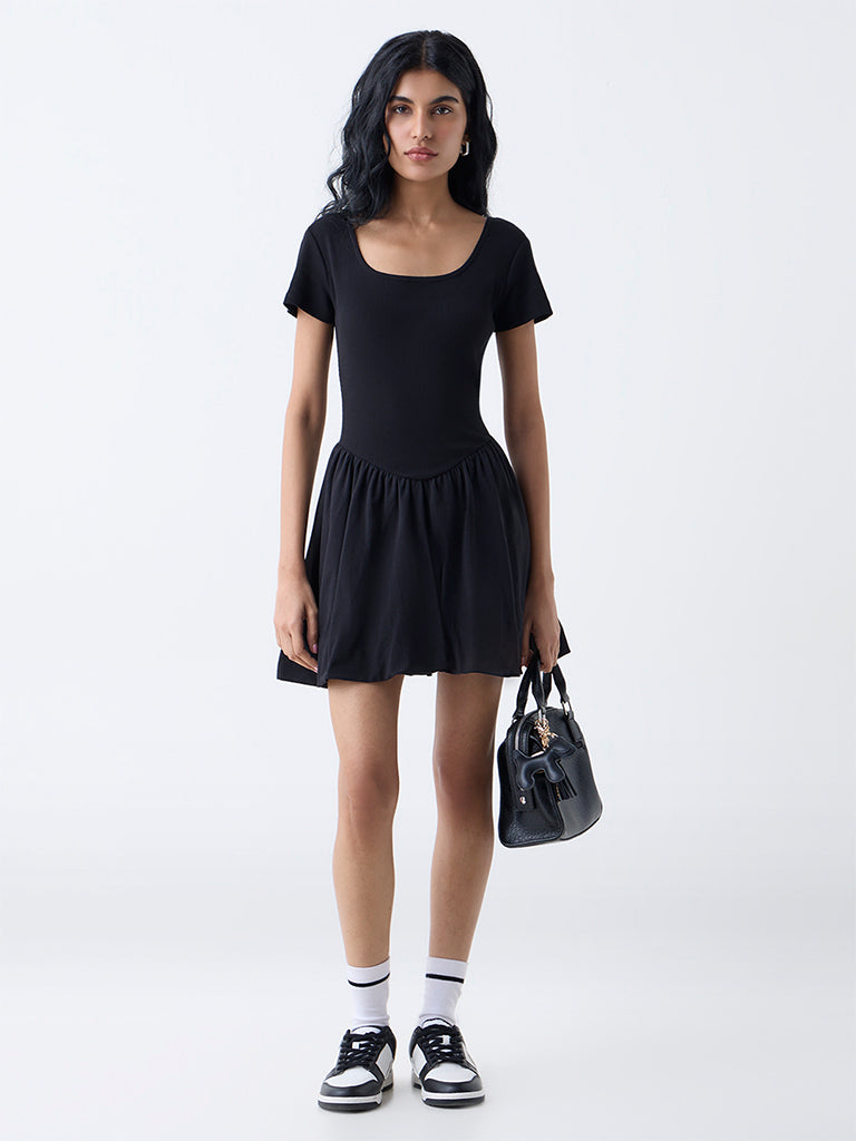 Westside Studiofit Women's Black Ribbed Cotton-Blend Bubble Dress for Sports Wear Full View