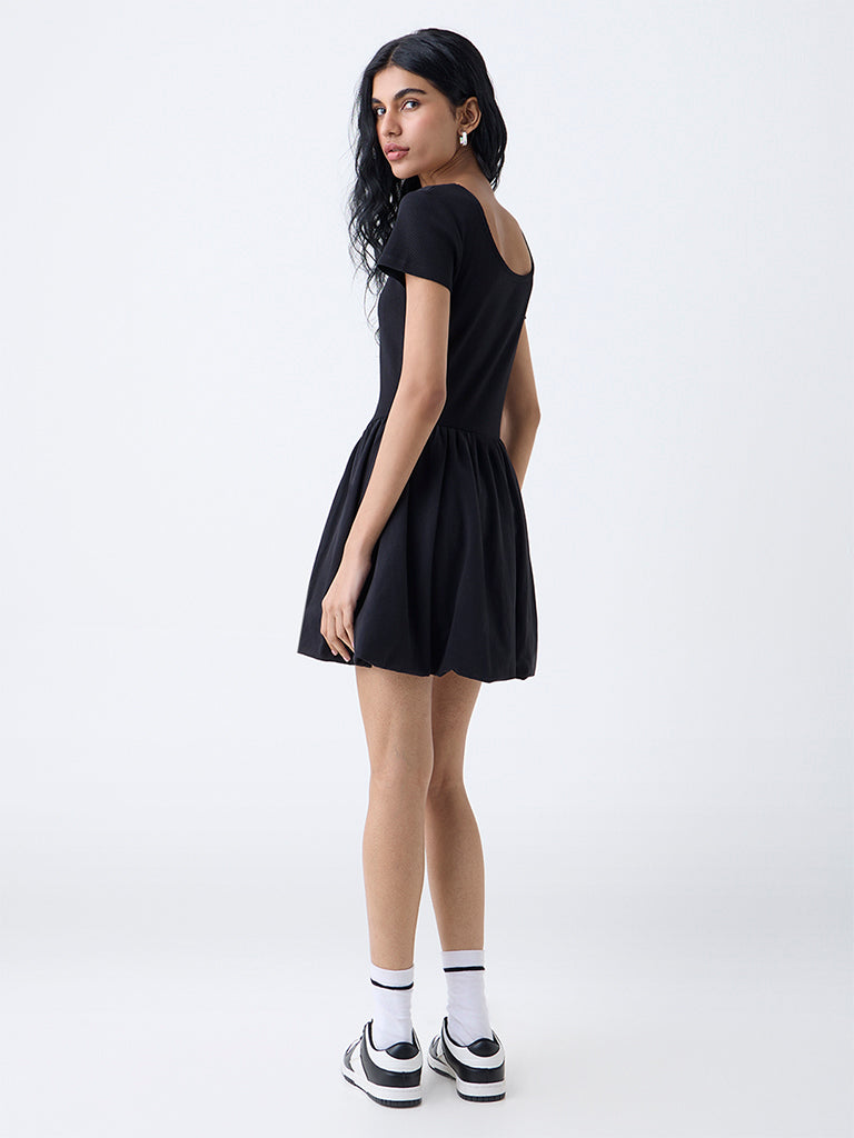 Westside Studiofit Women's Black Ribbed Cotton-Blend Bubble Dress for Sports Wear Back View