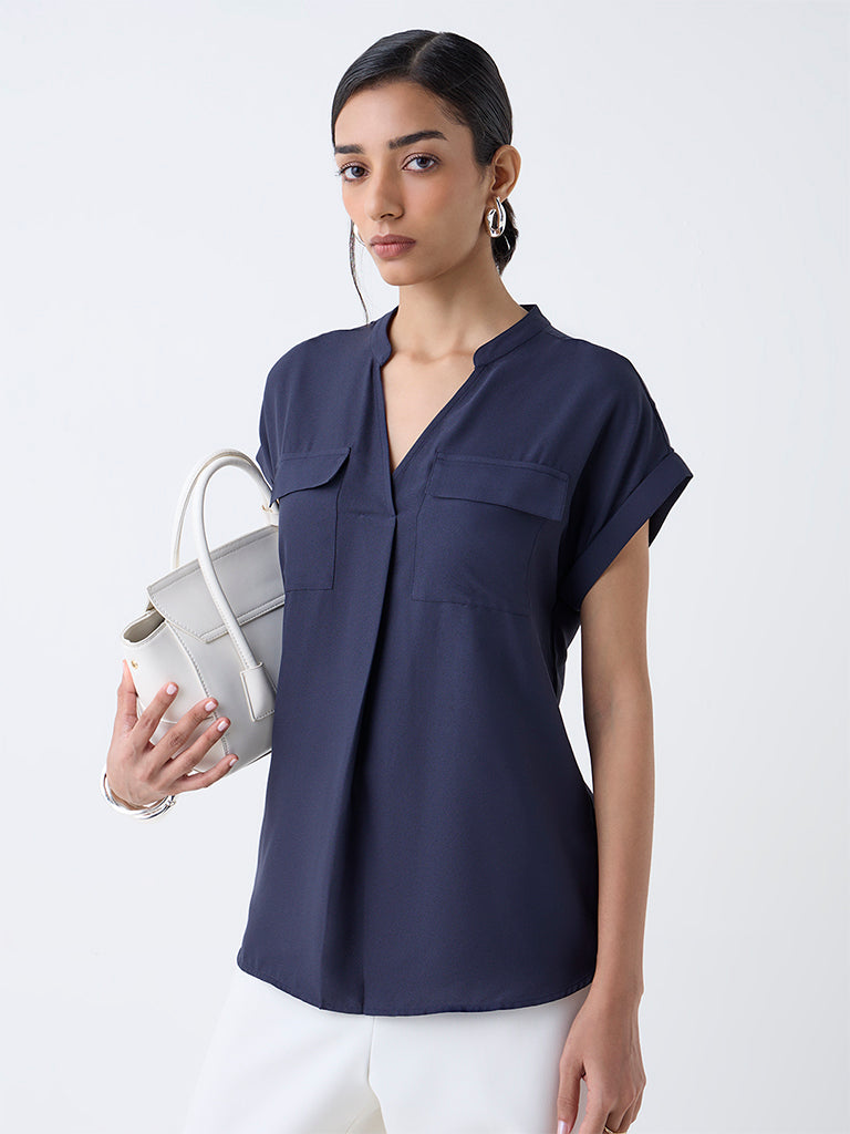 Westside Wardrobe Women's Navy Solid Top for Work Wear Front view