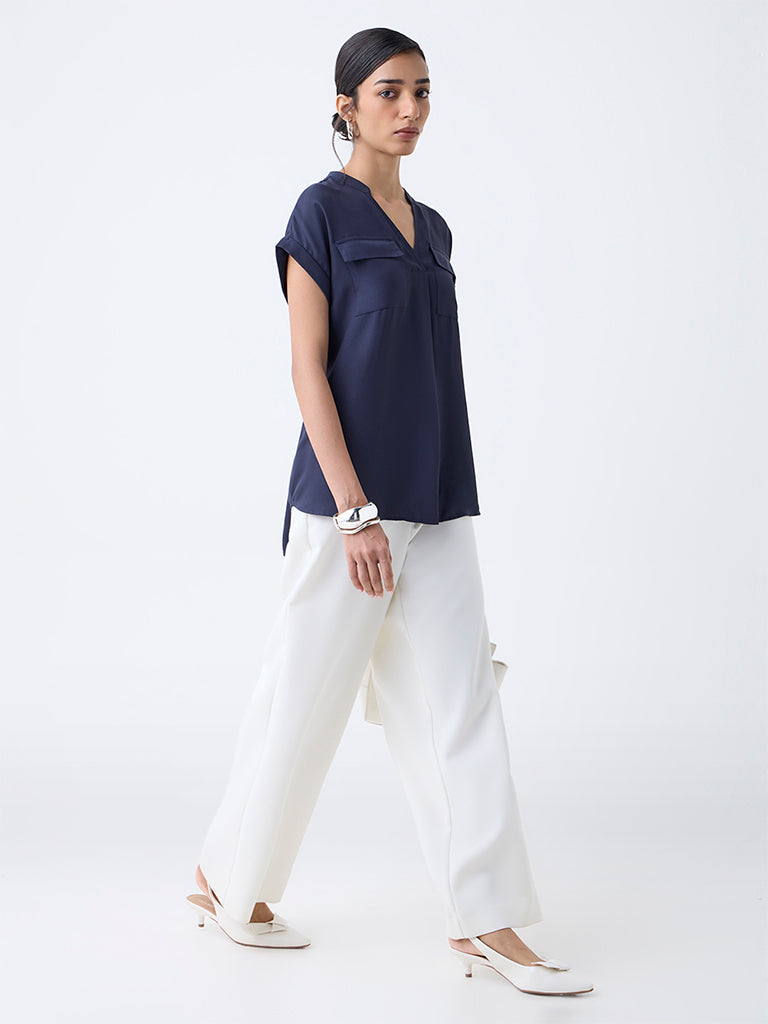 Westside Wardrobe Women's Navy Solid Top for Work Wear Full View