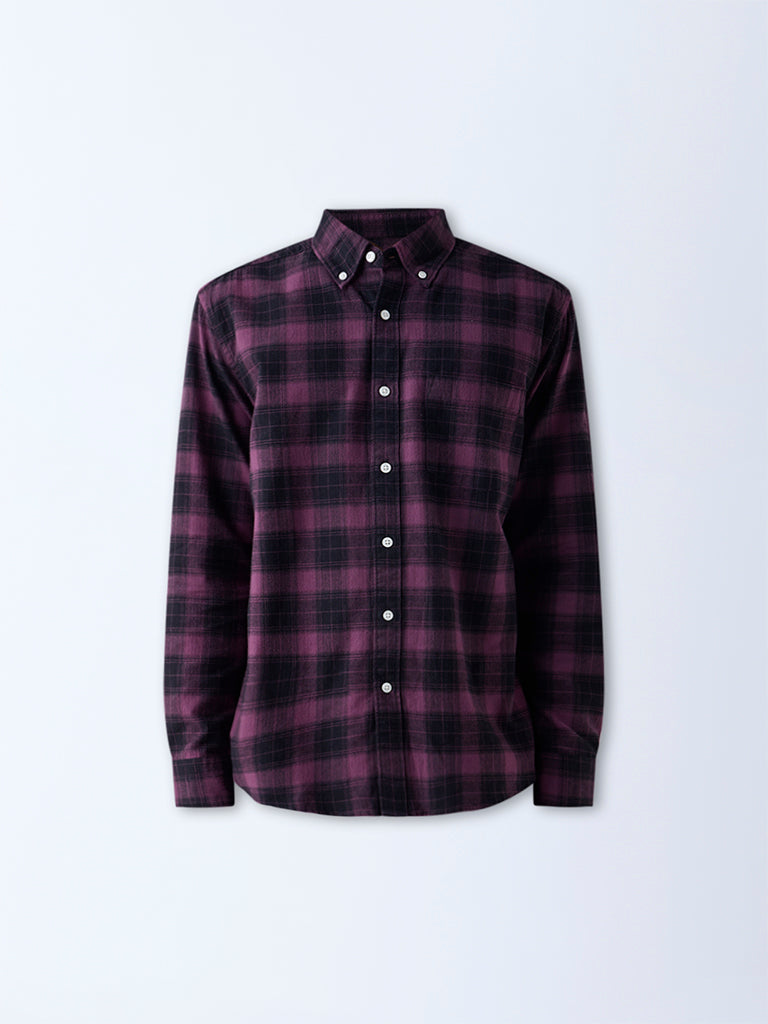 WES Casuals Wine Checks Relaxed Fit Cotton Shirt