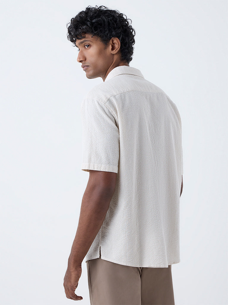 WES Casuals Beige Striped Relaxed Fit Cotton Shirt