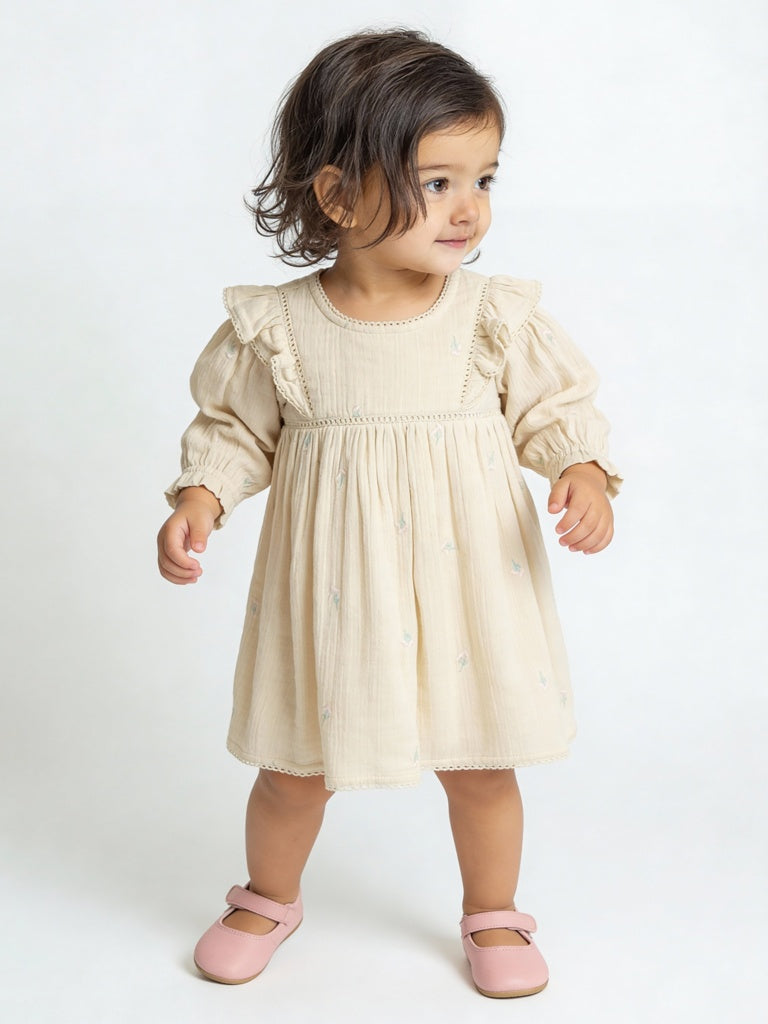 Buy HOP Baby Girls Beige Floral Embroidered A-Line Cotton Dress from Westside Buy HOP Baby Girls Beige Floral Embroidered A-Line Cotton Dress from Westside