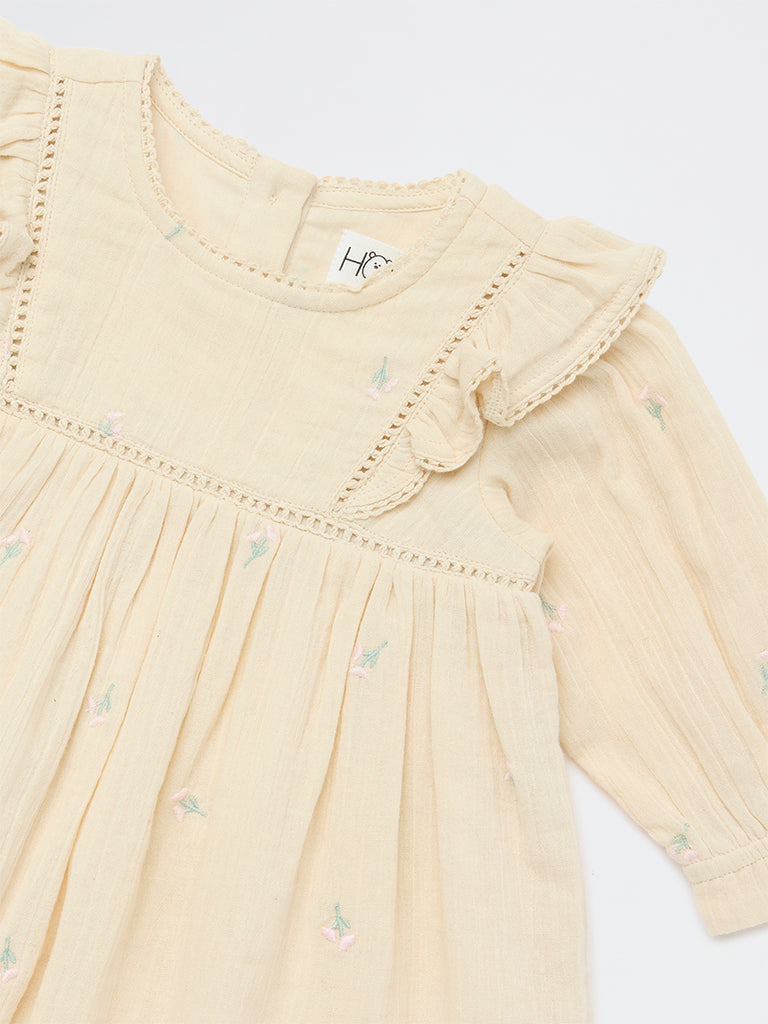 HOP Baby Girls Beige Floral Embroidered A-Line Cotton Dress