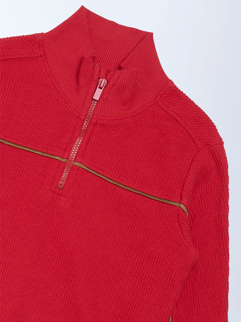 HOP Kids Boys Red Quarter-Zip Cotton Sweatshirt