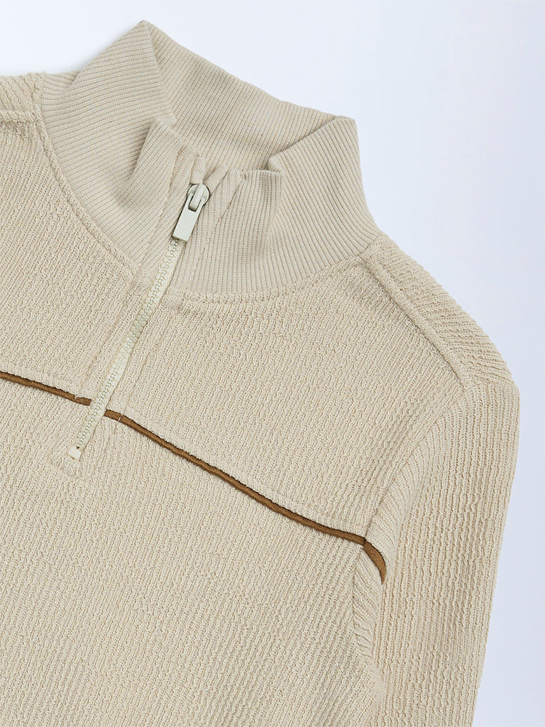 HOP Kids Boys Beige Knitted Quarter-Zip Cotton Sweatshirt