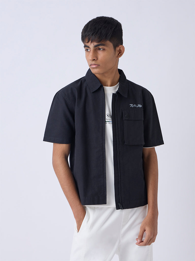 Boys Black Typographic Resort-Fit Shirt