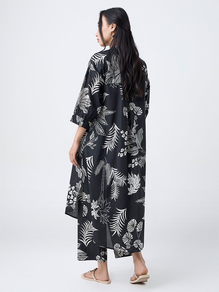 Utsa Black Foliage Design Cotton A-Line Kurta