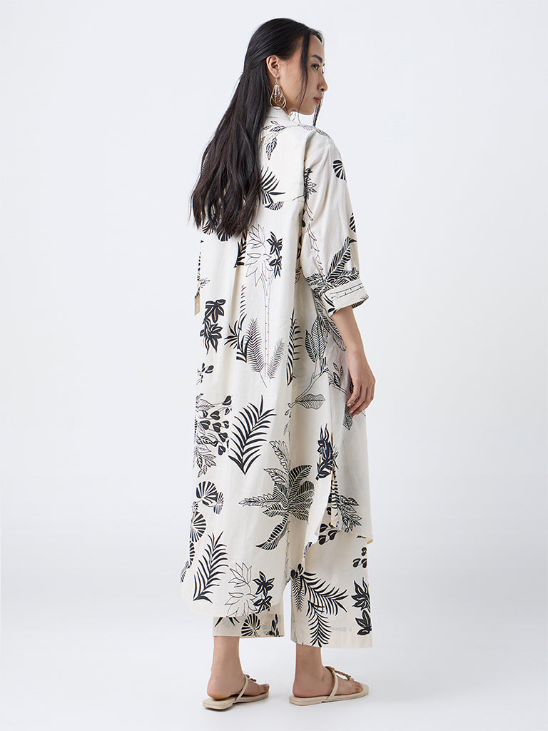 Utsa Off-White Foliage Design Cotton A-Line Kurta