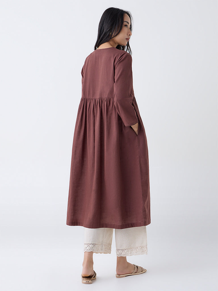 Utsa Dark Brown Embroidered Fit-and-Flare Cotton Kurta