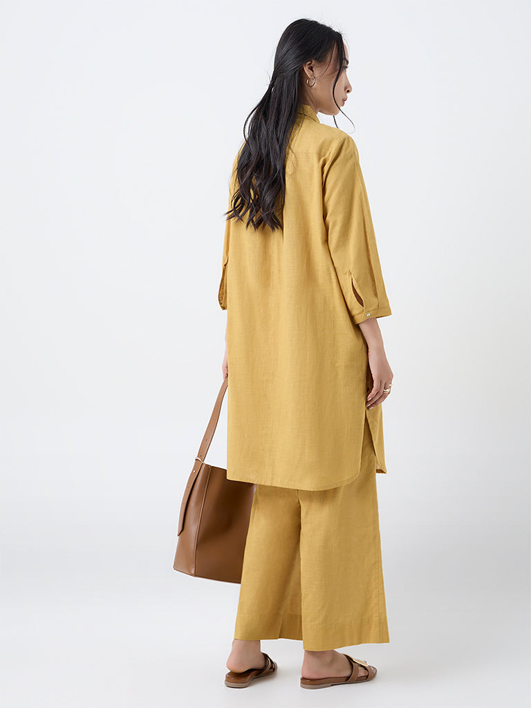 Utsa Mustard Floral Embroidered Cotton A-Line Kurta