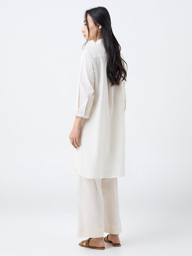 Utsa Off-White Floral Embroidered Cotton A-Line Kurta