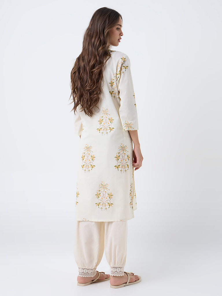 Utsa Off-White Floral Pattern Cotton Straight Kurta
