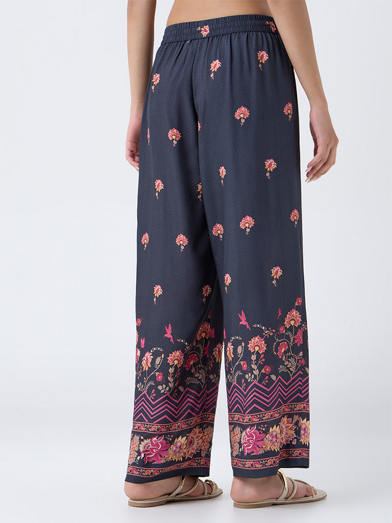 Utsa Black Floral Printed Pants