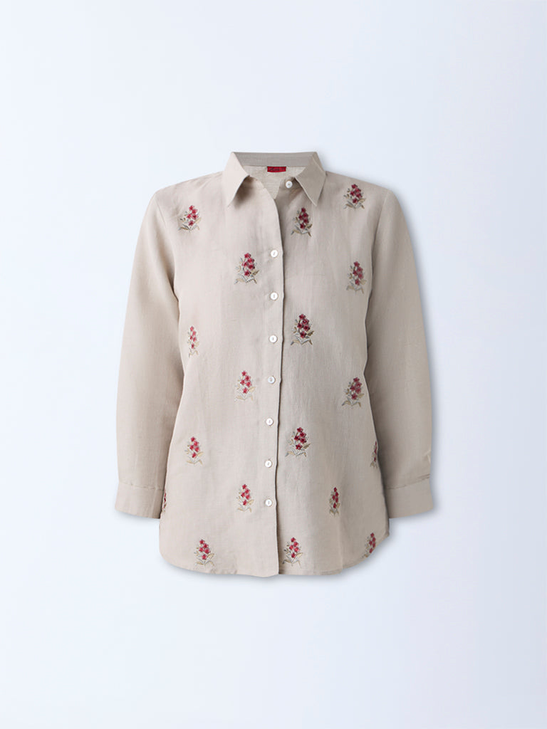Zuba Taupe Floral Embroidered Linen-Blend Tunic