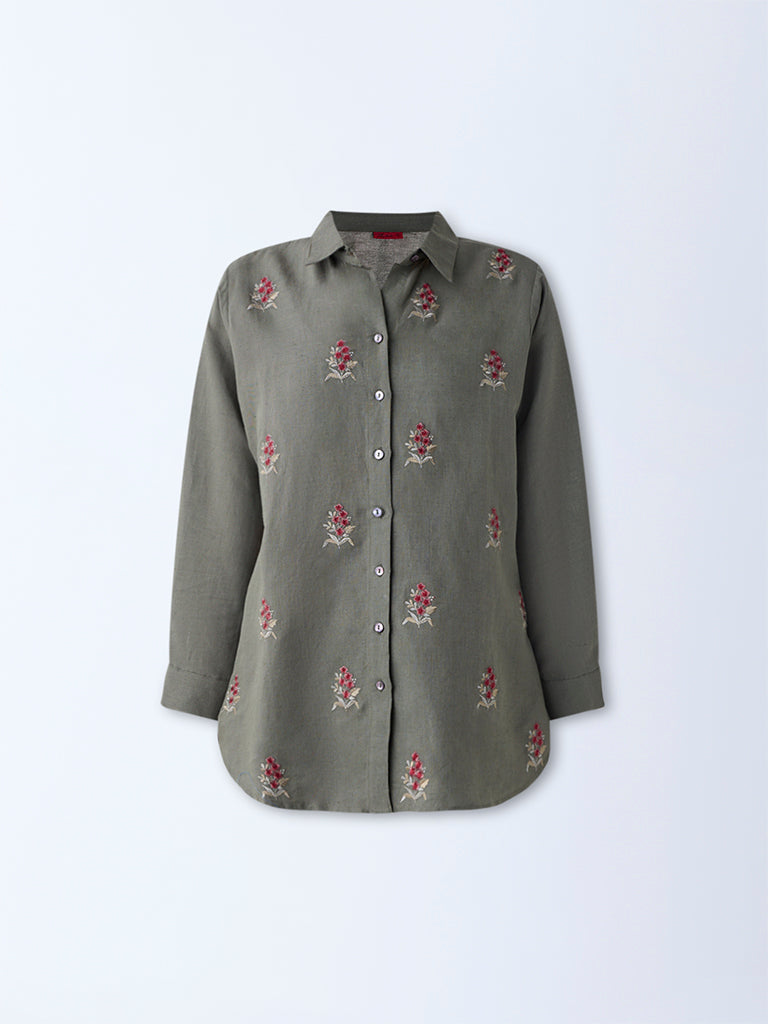 Zuba Olive Floral Embroidered Linen-Blend Tunic