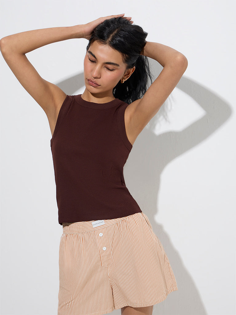 Superstar Dark Brown Ribbed Cotton-Blend Tank Top